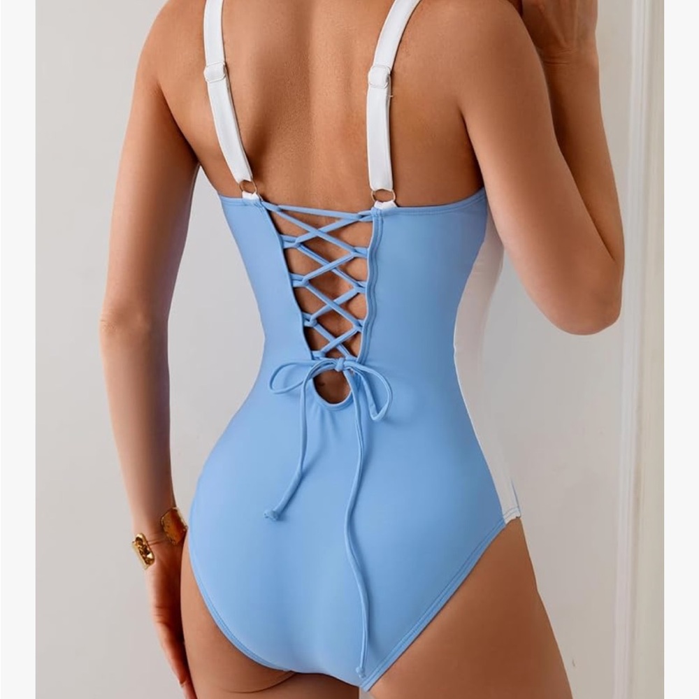 Blue and White One-Piece Swimsuit - Picture 2 of 2
